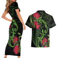 New Zealand Chameleon and Gecko Couples Matching Short Sleeve Bodycon Dress and Hawaiian Shirt Maori Silver Fern and Pohutukawa Decoration LT03 - Polynesian Pride