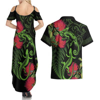 New Zealand Chameleon and Gecko Couples Matching Summer Maxi Dress and Hawaiian Shirt Maori Silver Fern and Pohutukawa Decoration LT03 - Polynesian Pride