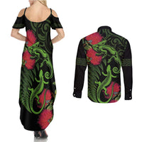 New Zealand Chameleon and Gecko Couples Matching Summer Maxi Dress and Long Sleeve Button Shirt Maori Silver Fern and Pohutukawa Decoration LT03 - Polynesian Pride