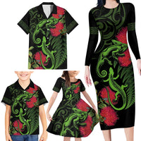 New Zealand Chameleon and Gecko Family Matching Long Sleeve Bodycon Dress and Hawaiian Shirt Maori Silver Fern and Pohutukawa Decoration LT03 - Polynesian Pride