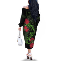 New Zealand Chameleon and Gecko Family Matching Off The Shoulder Long Sleeve Dress and Hawaiian Shirt Maori Silver Fern and Pohutukawa Decoration LT03 - Polynesian Pride