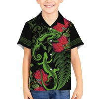 New Zealand Chameleon and Gecko Family Matching Off The Shoulder Long Sleeve Dress and Hawaiian Shirt Maori Silver Fern and Pohutukawa Decoration LT03 Son's Shirt Green - Polynesian Pride