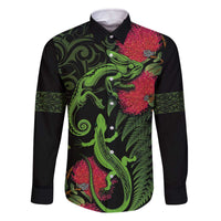 New Zealand Chameleon and Gecko Family Matching Off Shoulder Short Dress and Hawaiian Shirt Maori Silver Fern and Pohutukawa Decoration LT03 Dad's Shirt - Long Sleeve Green - Polynesian Pride