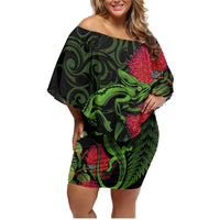 New Zealand Chameleon and Gecko Family Matching Off Shoulder Short Dress and Hawaiian Shirt Maori Silver Fern and Pohutukawa Decoration LT03 Mom's Dress Green - Polynesian Pride