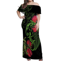 New Zealand Chameleon and Gecko Off Shoulder Maxi Dress Maori Silver Fern and Pohutukawa Decoration LT03 Women Green - Polynesian Pride