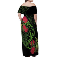 New Zealand Chameleon and Gecko Off Shoulder Maxi Dress Maori Silver Fern and Pohutukawa Decoration LT03 - Polynesian Pride