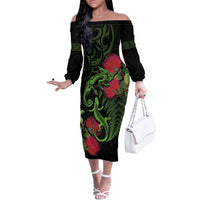 New Zealand Chameleon and Gecko Off The Shoulder Long Sleeve Dress Maori Silver Fern and Pohutukawa Decoration LT03 Women Green - Polynesian Pride