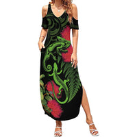 New Zealand Chameleon and Gecko Summer Maxi Dress Maori Silver Fern and Pohutukawa Decoration LT03 Women Green - Polynesian Pride