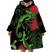 New Zealand Chameleon and Gecko Wearable Blanket Hoodie Maori Silver Fern and Pohutukawa Decoration LT03 - Polynesian Pride