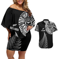 Personalised New Zealand Maori Art Tattoo and Silver Fern Couples Matching Off Shoulder Short Dress and Hawaiian Shirt LT03 Black - Polynesian Pride