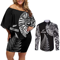 Personalised New Zealand Maori Art Tattoo and Silver Fern Couples Matching Off Shoulder Short Dress and Long Sleeve Button Shirt LT03 Black - Polynesian Pride