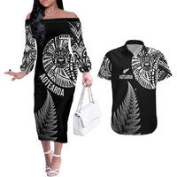 Personalised New Zealand Maori Art Tattoo and Silver Fern Couples Matching Off The Shoulder Long Sleeve Dress and Hawaiian Shirt LT03 Black - Polynesian Pride