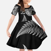 Personalised New Zealand Maori Art Tattoo and Silver Fern Family Matching Off The Shoulder Long Sleeve Dress and Hawaiian Shirt LT03 Daughter's Dress Black - Polynesian Pride