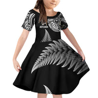 Personalised New Zealand Maori Art Tattoo and Silver Fern Family Matching Off Shoulder Short Dress and Hawaiian Shirt LT03 Daughter's Dress Black - Polynesian Pride