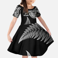 Personalised New Zealand Maori Art Tattoo and Silver Fern Family Matching Puletasi and Hawaiian Shirt LT03 Daughter's Dress Black - Polynesian Pride