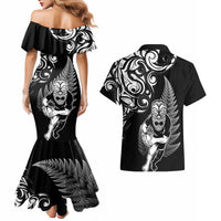 New Zealand Maori Warrior Rugby Couples Matching Mermaid Dress and Hawaiian Shirt Silver Fern LT03 - Polynesian Pride
