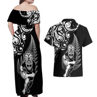 New Zealand Maori Warrior Rugby Couples Matching Off Shoulder Maxi Dress and Hawaiian Shirt Silver Fern LT03 - Polynesian Pride
