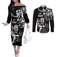 New Zealand Maori Warrior Rugby Couples Matching Off The Shoulder Long Sleeve Dress and Long Sleeve Button Shirt Silver Fern LT03 Black - Polynesian Pride