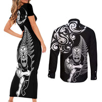 New Zealand Maori Warrior Rugby Couples Matching Short Sleeve Bodycon Dress and Long Sleeve Button Shirt Silver Fern LT03 - Polynesian Pride