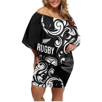 New Zealand Maori Warrior Rugby Family Matching Off Shoulder Short Dress and Hawaiian Shirt Silver Fern LT03 Mom's Dress Black - Polynesian Pride