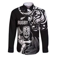 New Zealand Maori Warrior Rugby Family Matching Puletasi and Hawaiian Shirt Silver Fern LT03 Dad's Shirt - Long Sleeve Black - Polynesian Pride