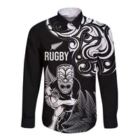 New Zealand Maori Warrior Rugby Long Sleeve Button Shirt Silver Fern LT03 Unisex Black - Polynesian Pride