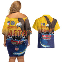 American Samoa Fautasi Couples Matching Off Shoulder Short Dress and Hawaiian Shirt Bald Eage and Sailfish with Kakau Motifs LT03 - Polynesian Pride