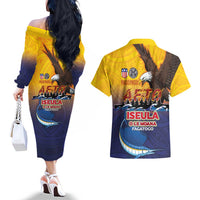 American Samoa Fautasi Couples Matching Off The Shoulder Long Sleeve Dress and Hawaiian Shirt Bald Eage and Sailfish with Kakau Motifs LT03 - Polynesian Pride