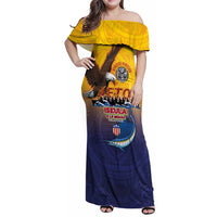 American Samoa Fautasi Family Matching Off Shoulder Maxi Dress and Hawaiian Shirt Bald Eage and Sailfish with Kakau Motifs LT03 Mom's Dress Yellow - Polynesian Pride