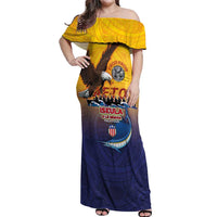 American Samoa Fautasi Off Shoulder Maxi Dress Bald Eage and Sailfish with Kakau Motifs - Polynesian Pride