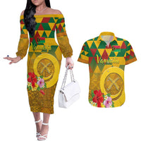Melanesian Vanuatu Couples Matching Off The Shoulder Long Sleeve Dress and Hawaiian Shirt With Tapa Tribal Pattern and Triangle Geometric Tricolor LT03 Yellow - Polynesian Pride