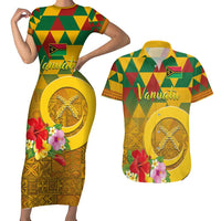 Melanesian Vanuatu Couples Matching Short Sleeve Bodycon Dress and Hawaiian Shirt With Tapa Tribal Pattern and Triangle Geometric Tricolor LT03 Yellow - Polynesian Pride