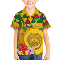 Melanesian Vanuatu Family Matching Off Shoulder Maxi Dress and Hawaiian Shirt With Tapa Tribal Pattern and Triangle Geometric Tricolor LT03 Son's Shirt Yellow - Polynesian Pride