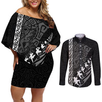 Custom New Zealand Rugby Couples Matching Off Shoulder Short Dress and Long Sleeve Button Shirts Haka Dance Tribal God Mask Maori Pattern LT03 Black - Polynesian Pride