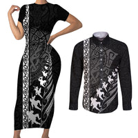 Custom New Zealand Rugby Couples Matching Short Sleeve Bodycon Dress and Long Sleeve Button Shirts Haka Dance Tribal God Mask Maori Pattern LT03 Black - Polynesian Pride