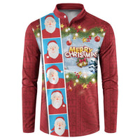 Merry Christmas Button Sweatshirt Funny Santa Claus Cards Photo and Polynesian Pattern Red Color