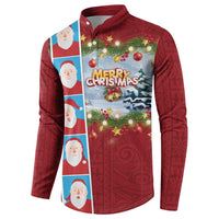 Merry Christmas Button Sweatshirt Funny Santa Claus Cards Photo and Polynesian Pattern Red Color