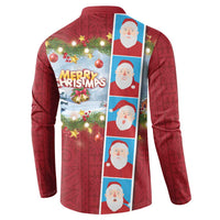 Merry Christmas Button Sweatshirt Funny Santa Claus Cards Photo and Polynesian Pattern Red Color