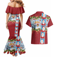 Merry Christmas Couples Matching Mermaid Dress and Hawaiian Shirt Funny Santa Claus Cards Photo and Polynesian Pattern Red Color LT03 - Polynesian Pride
