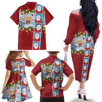 Merry Christmas Family Matching Off The Shoulder Long Sleeve Dress and Hawaiian Shirt Funny Santa Claus Cards Photo and Polynesian Pattern Red Color LT03 - Polynesian Pride