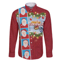 Merry Christmas Family Matching Off The Shoulder Long Sleeve Dress and Hawaiian Shirt Funny Santa Claus Cards Photo and Polynesian Pattern Red Color LT03 Dad's Shirt - Long Sleeve Red - Polynesian Pride