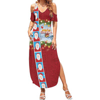 Merry Christmas Family Matching Summer Maxi Dress and Hawaiian Shirt Funny Santa Claus Cards Photo and Polynesian Pattern Red Color LT03 Mom's Dress Red - Polynesian Pride