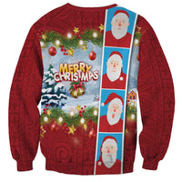Merry Christmas Sweatshirt Funny Santa Claus Cards Photo and Polynesian Pattern Red Color