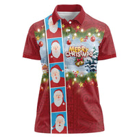 Merry Christmas Women Polo Shirt Funny Santa Claus Cards Photo and Polynesian Pattern Red Color LT03 Female Red - Polynesian Pride