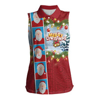 Merry Christmas Women Sleeveless Polo Shirt Funny Santa Claus Cards Photo and Polynesian Pattern Red Color