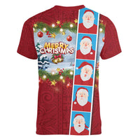 Merry Christmas Women V-Neck T-Shirt Funny Santa Claus Cards Photo and Polynesian Pattern Red Color
