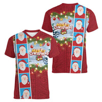 Merry Christmas Women V-Neck T-Shirt Funny Santa Claus Cards Photo and Polynesian Pattern Red Color