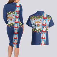 Merry Christmas Couples Matching Long Sleeve Bodycon Dress and Hawaiian Shirt Funny Santa Claus Cards Photo and Polynesian Pattern Blue Color LT03 - Polynesian Pride