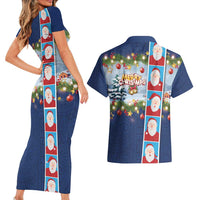 Merry Christmas Couples Matching Short Sleeve Bodycon Dress and Hawaiian Shirt Funny Santa Claus Cards Photo and Polynesian Pattern Blue Color LT03 - Polynesian Pride