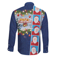Merry Christmas Family Matching Off The Shoulder Long Sleeve Dress and Hawaiian Shirt Funny Santa Claus Cards Photo and Polynesian Pattern Blue Color LT03 - Polynesian Pride